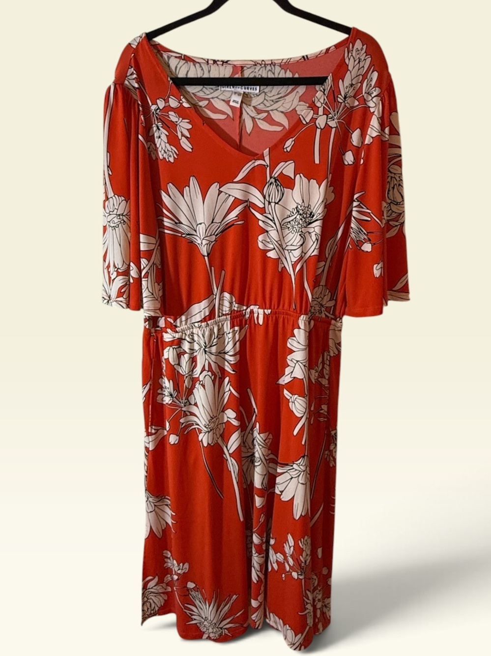 Floral Rust Midi Dress with V-Neck